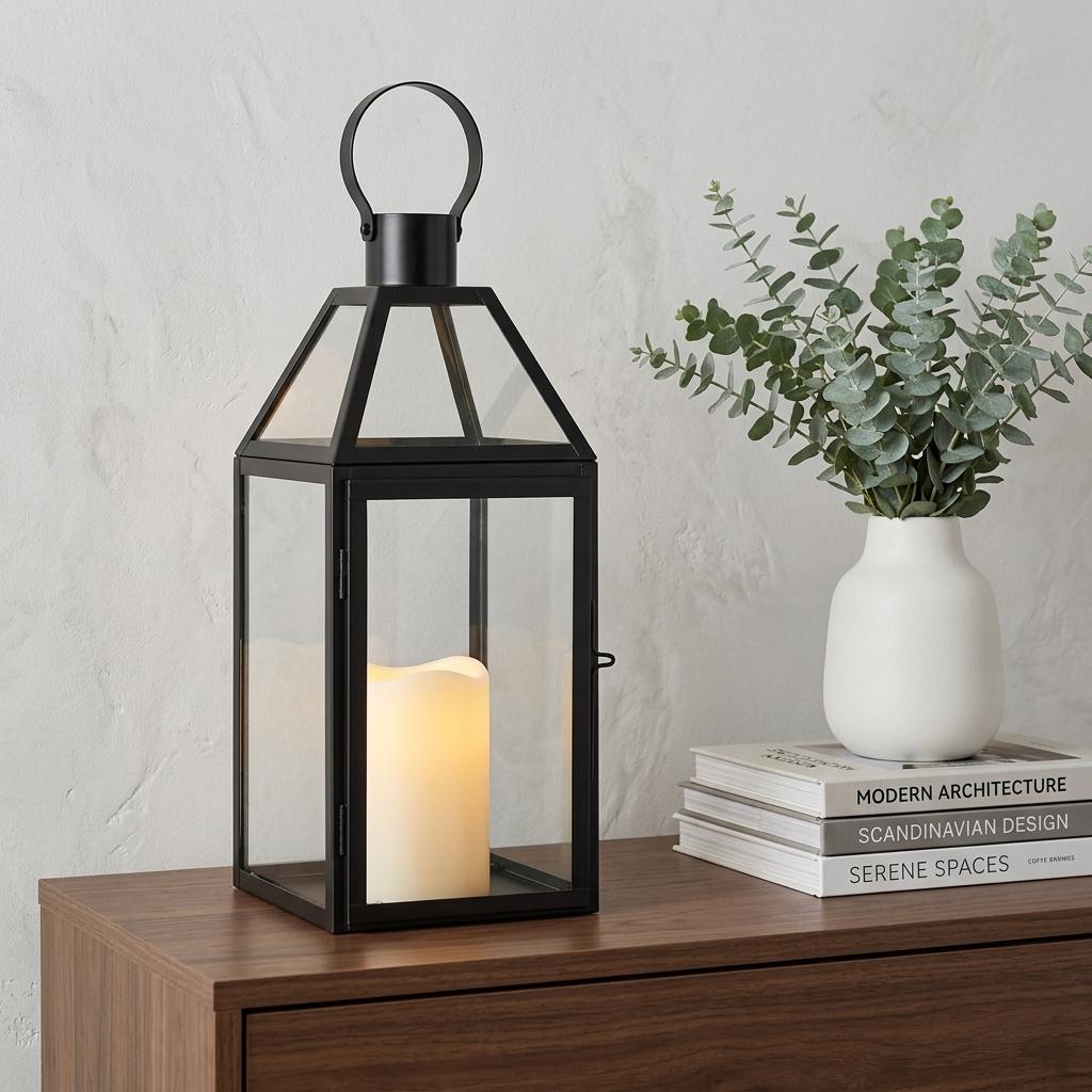 16" Black And Clear Glass And Metal Tabletop Lantern Candle Holder