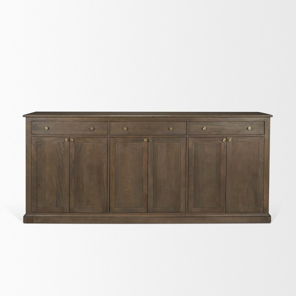 82" Brown Solid Wood Three Drawer Sideboard With Six Doors