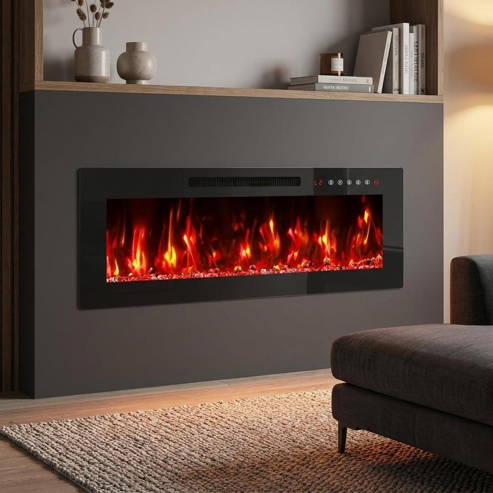 36" Black And Red Metal Electric Fireplace Insert With LED