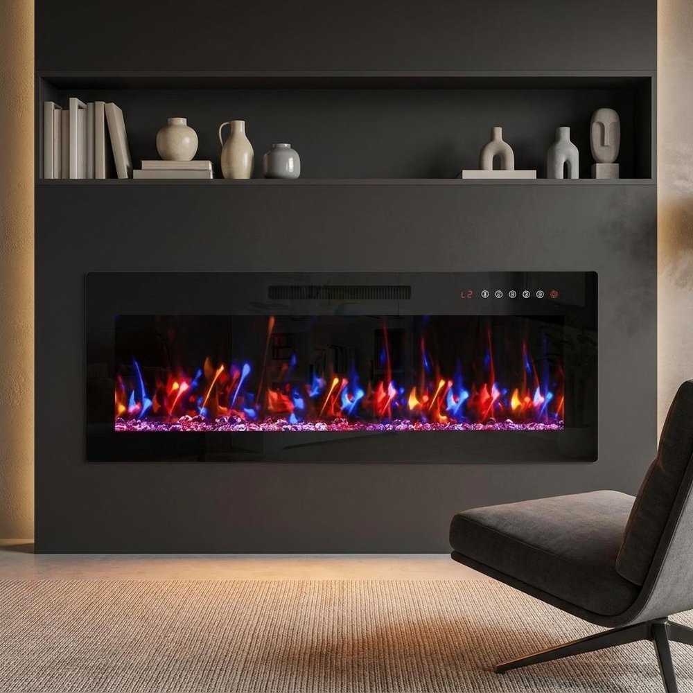 50" Black And Red Metal Electric Fireplace Insert With LED