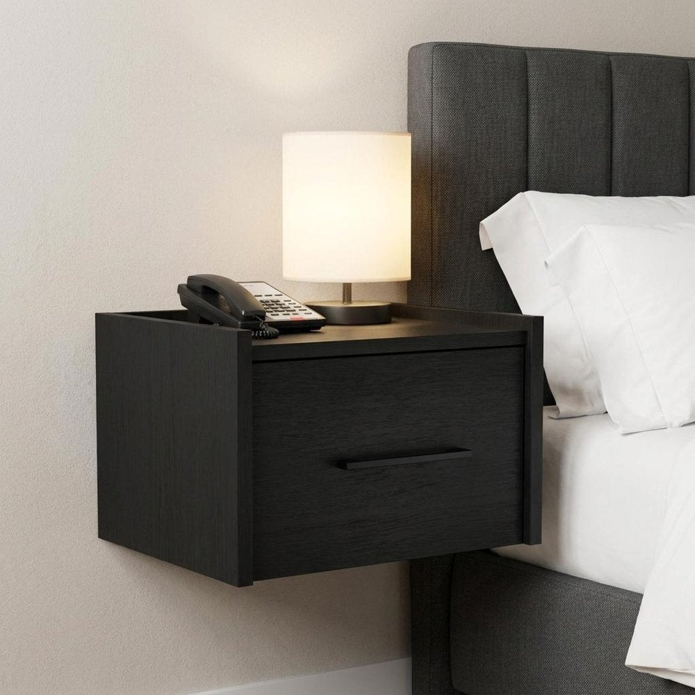 14" Black Wood One Drawer Floating Nightstand