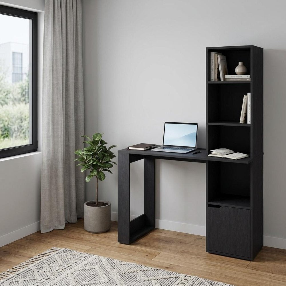 39" Black Wood Pedestal Computer Desk With Hutch