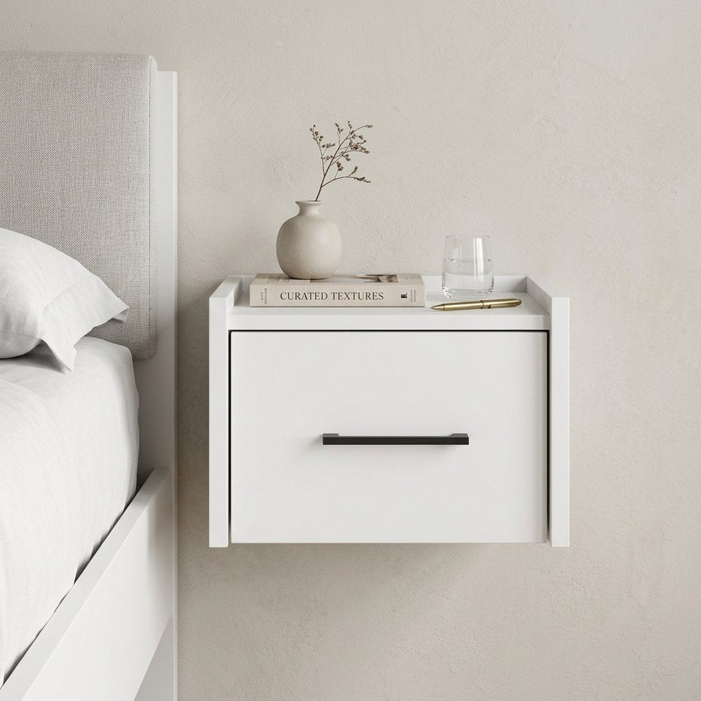 14" White Wood One Drawer Floating Nightstand
