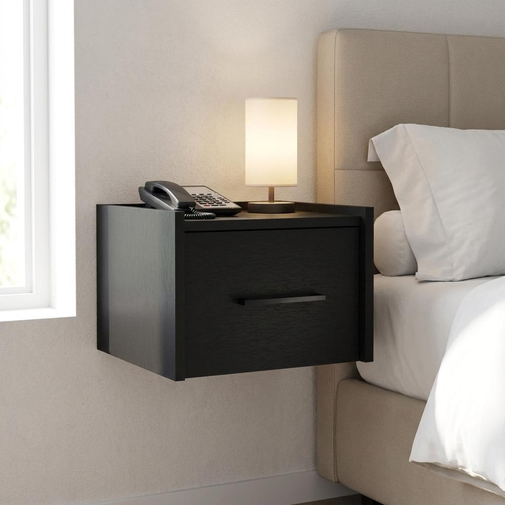 14" Black Wood One Drawer Floating Nightstand
