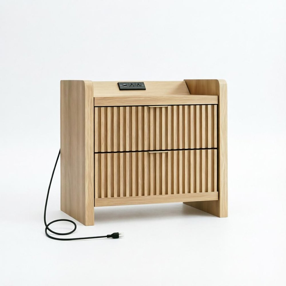 22" Natural Wood Ribbed Texture And Mirrored Glass Two Drawer Nightstand
