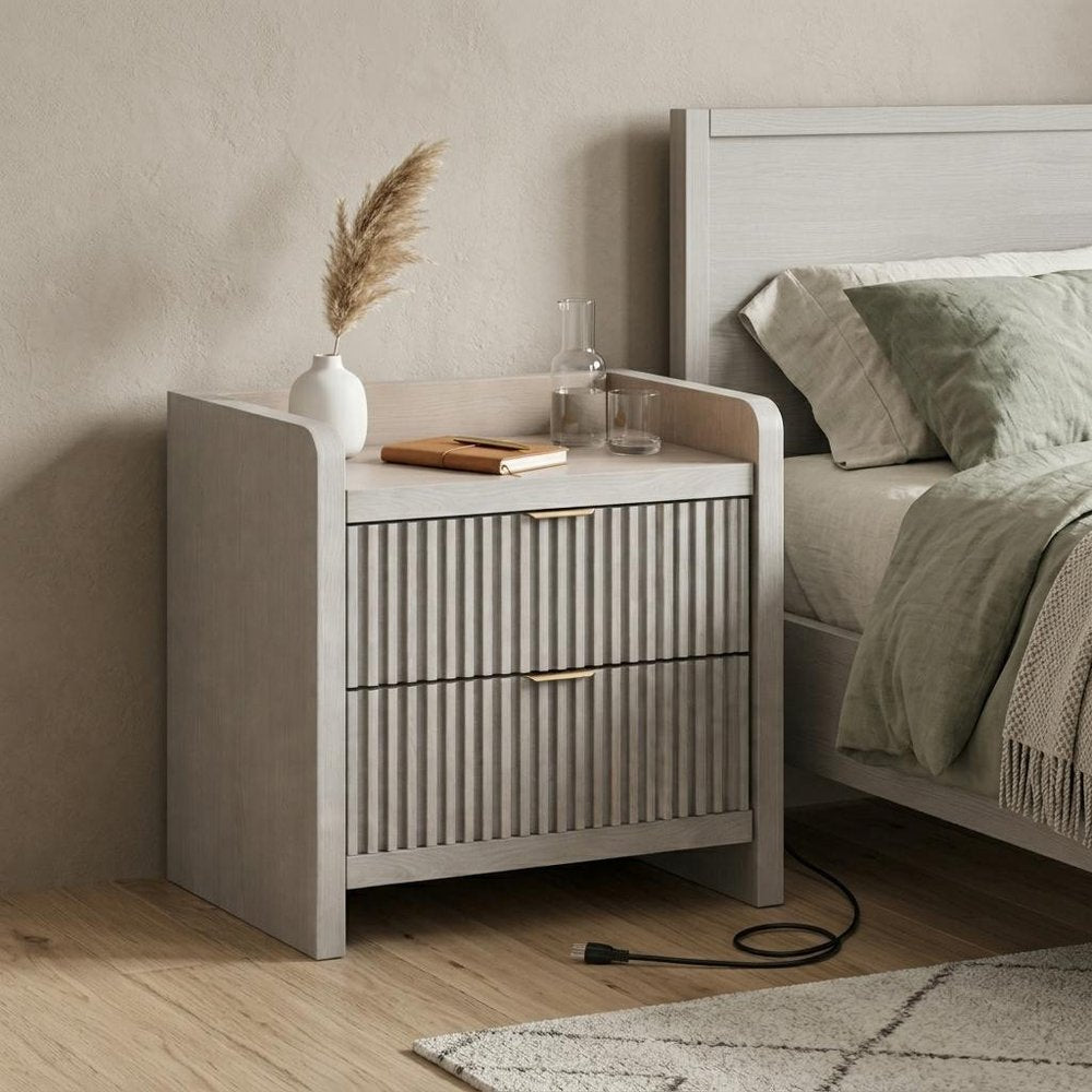 22" Gray Wood Ribbed Texture Two Drawer Nightstand with USB Port and Integrated Tech