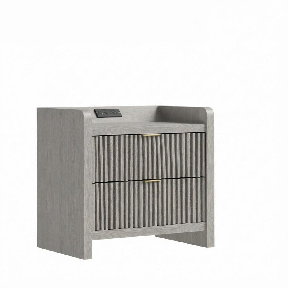 22" Gray Wood Ribbed Texture Two Drawer Nightstand with USB Port and Integrated Tech
