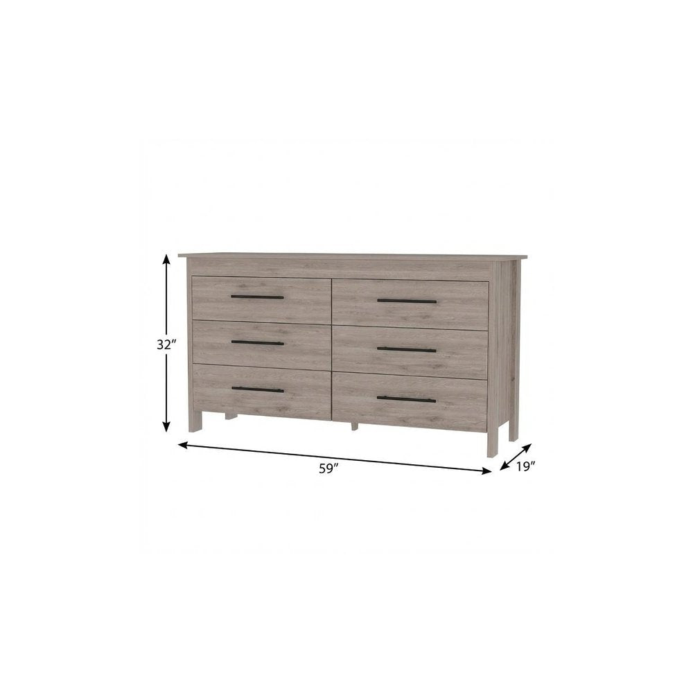 59" Light Gray Wood Six Drawer Double Dresser