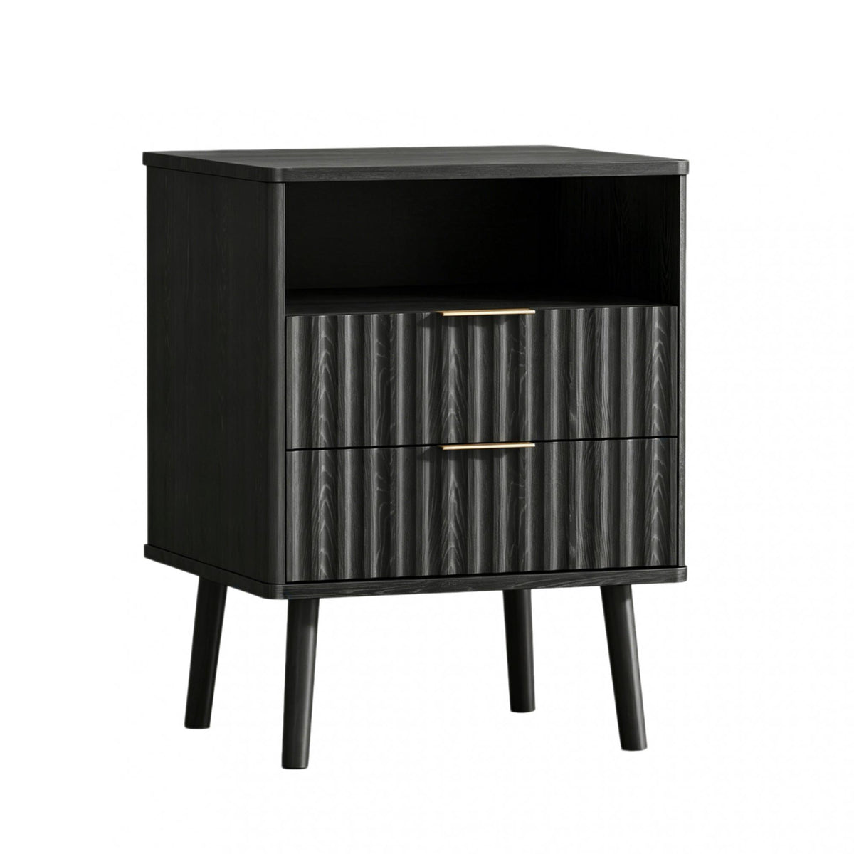 24" Black Wood Ribbed Texture Two Drawer Nightstand