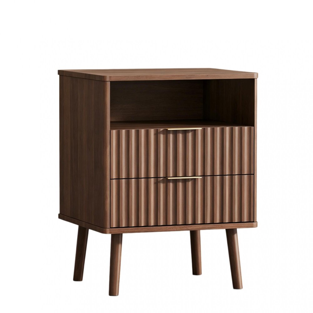 24" Black Wood Ribbed Texture Two Drawer Nightstand