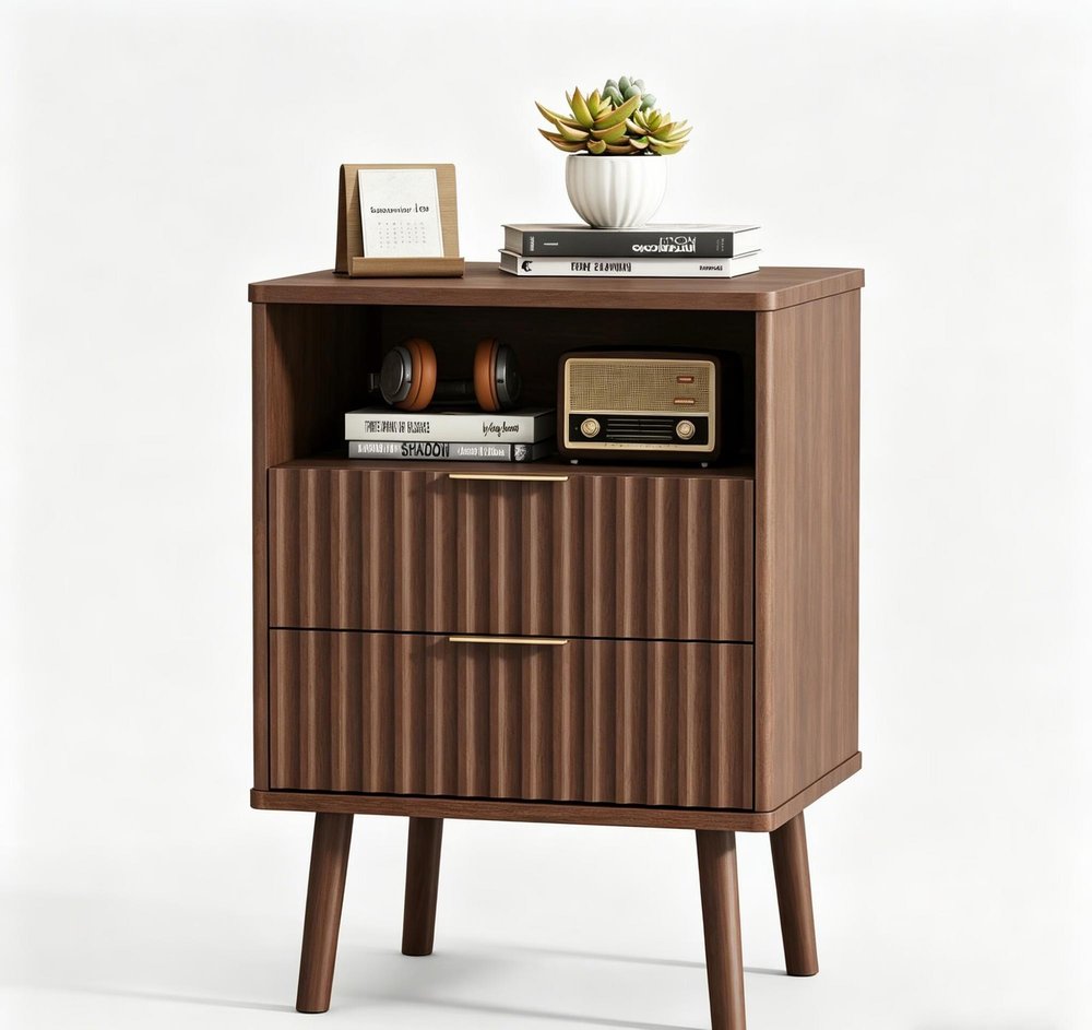 24" Black Wood Ribbed Texture Two Drawer Nightstand