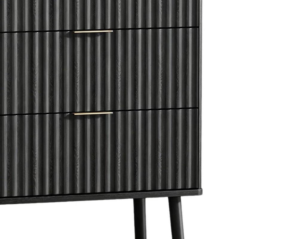30" Black Wood Ribbed Texture Three Drawer Nightstand with USB Port