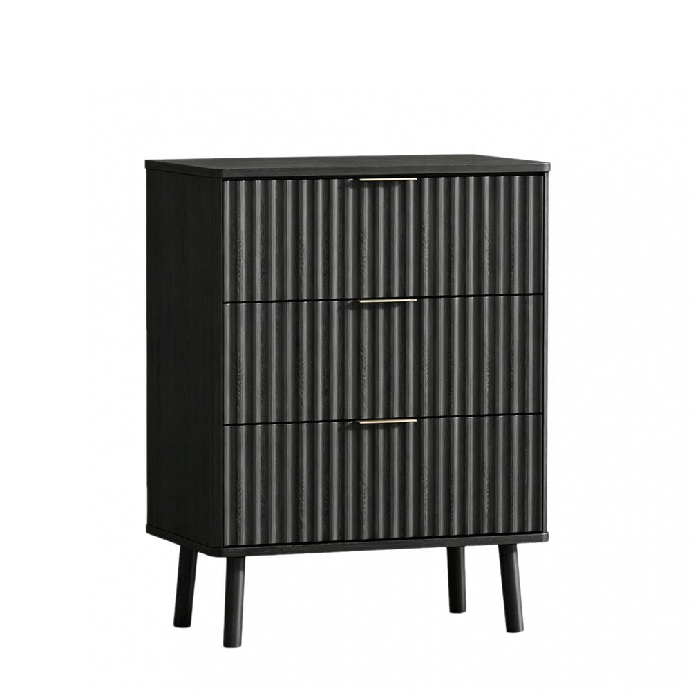 30" Black Wood Ribbed Texture Three Drawer Nightstand with USB Port