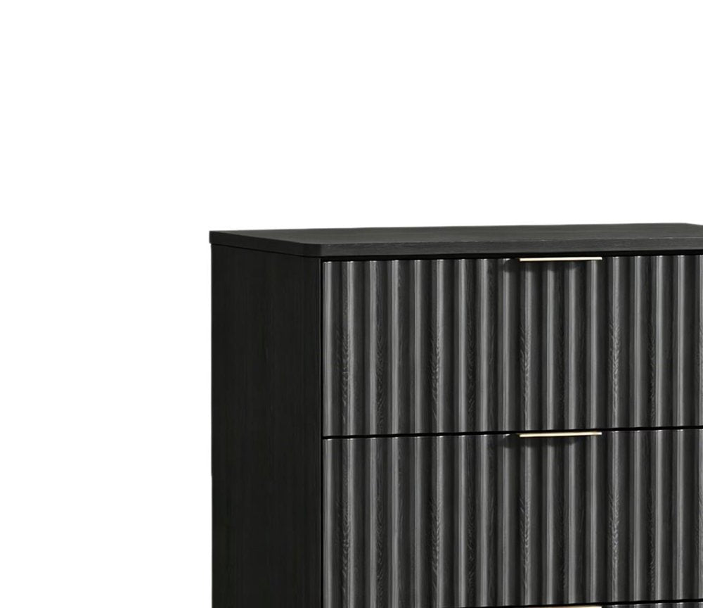 30" Black Wood Ribbed Texture Three Drawer Nightstand with USB Port