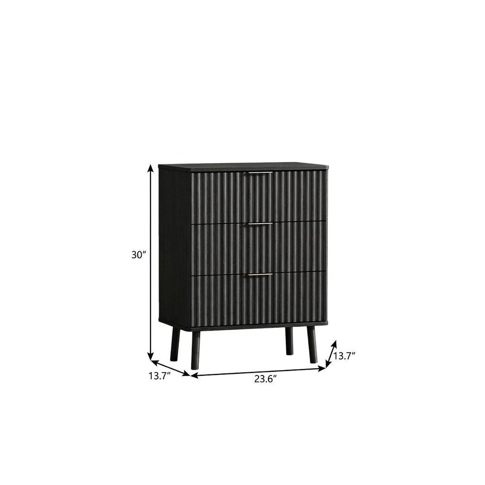 30" Black Wood Ribbed Texture Three Drawer Nightstand with USB Port