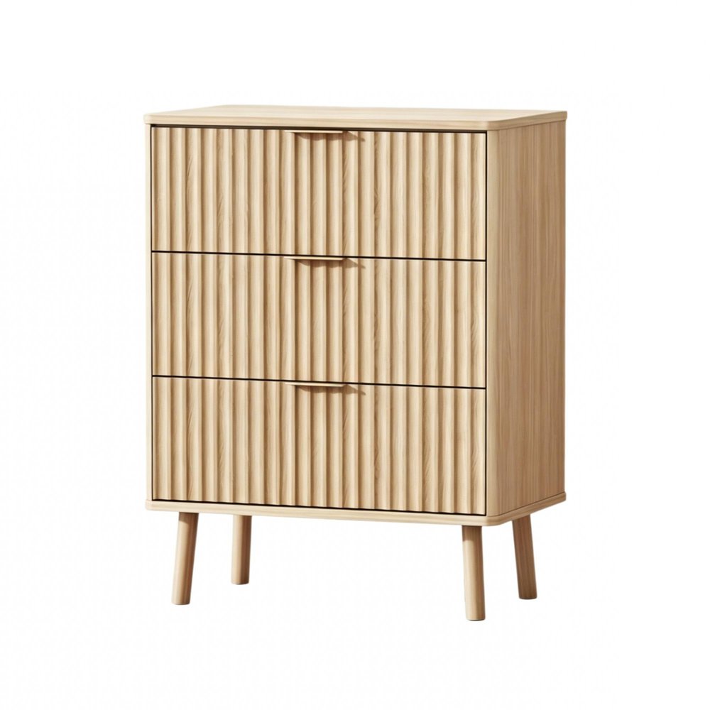 30" Natural Wood Ribbed Texture Three Drawer Nightstand With USB