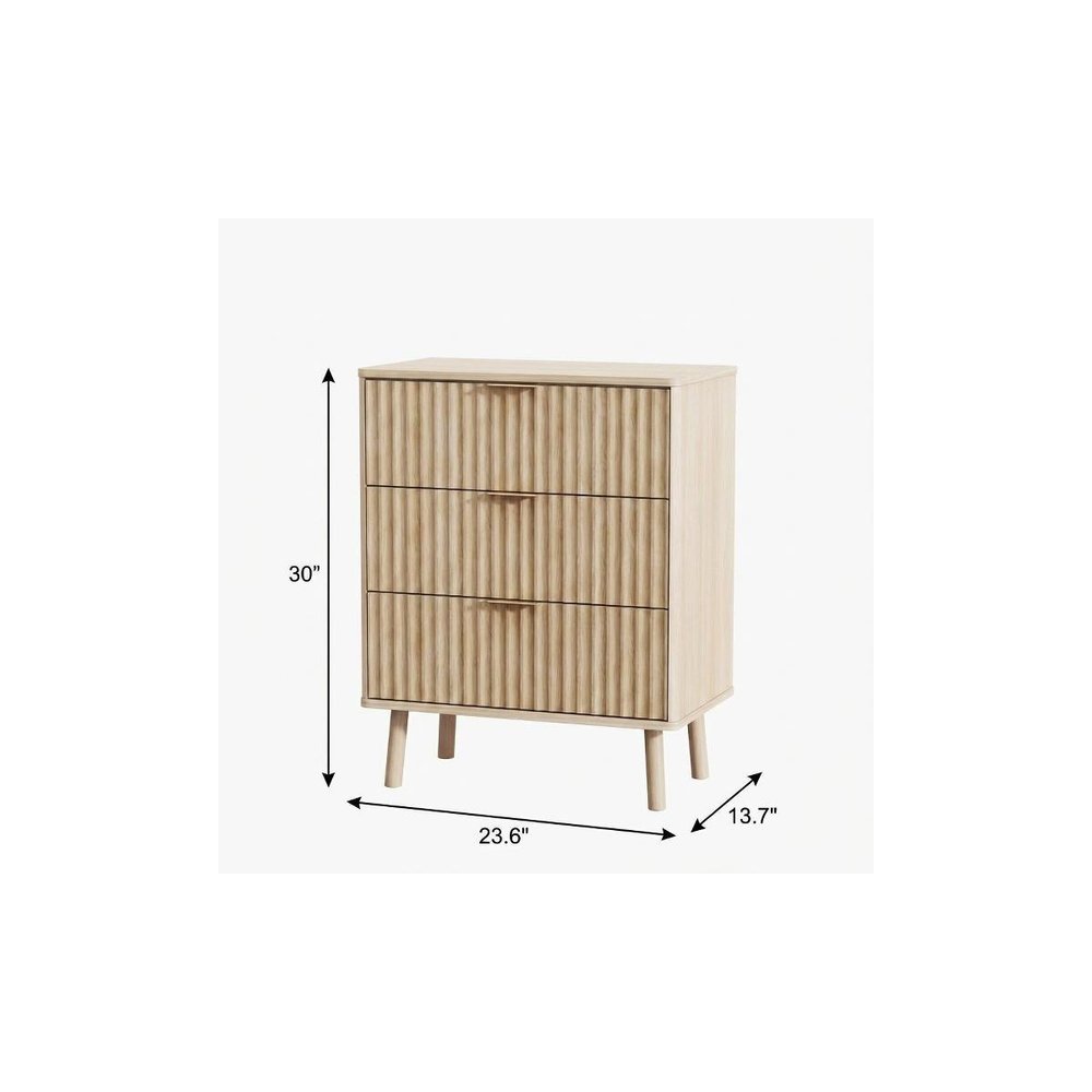 30" Natural Wood Ribbed Texture Three Drawer Nightstand With USB