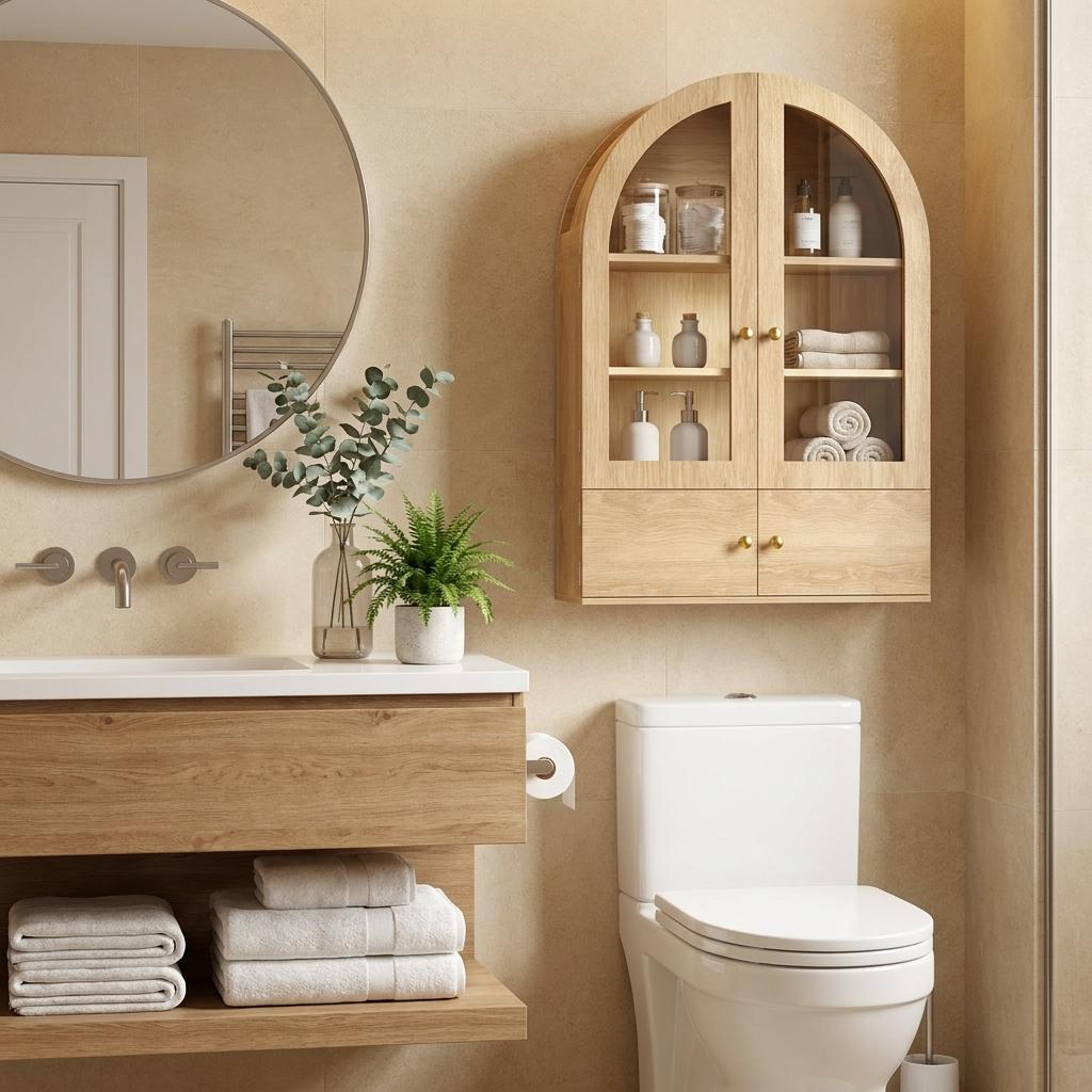 34" Natural Wood Wall Mount Arched Glass Panel Inlay Four Door Bathroom Cabinet
