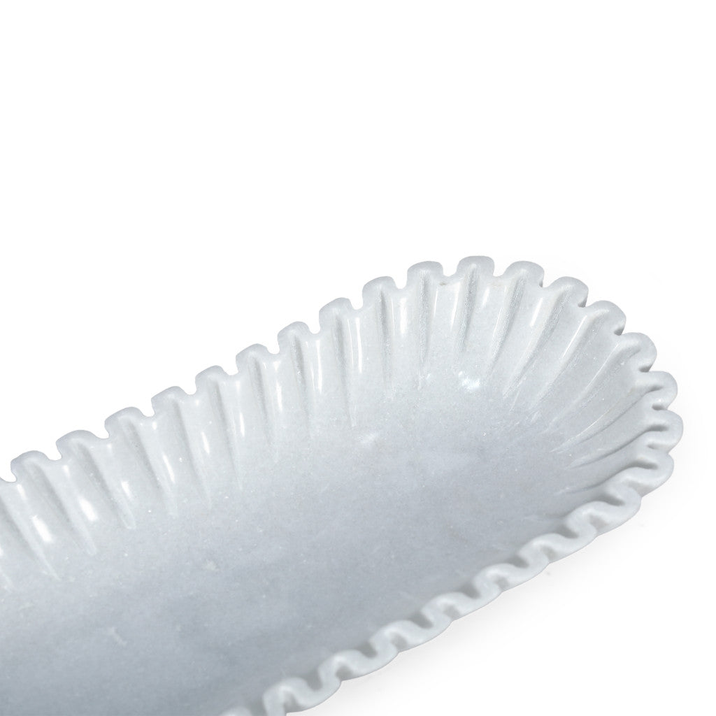 14" White Marble Fluted Oblong Tray