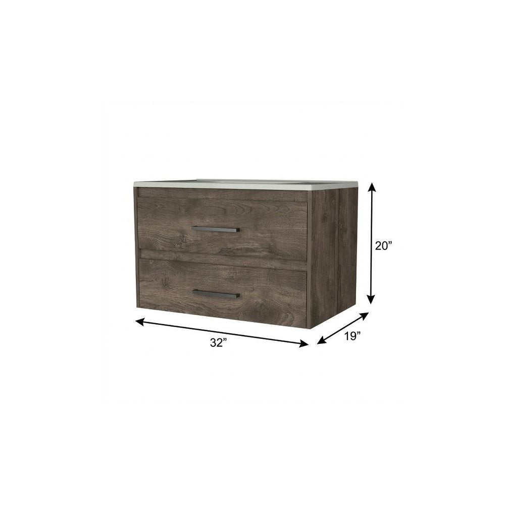32" Dark Brown Wood Floating Bathroom Vanity With White Sink And Two Drawers