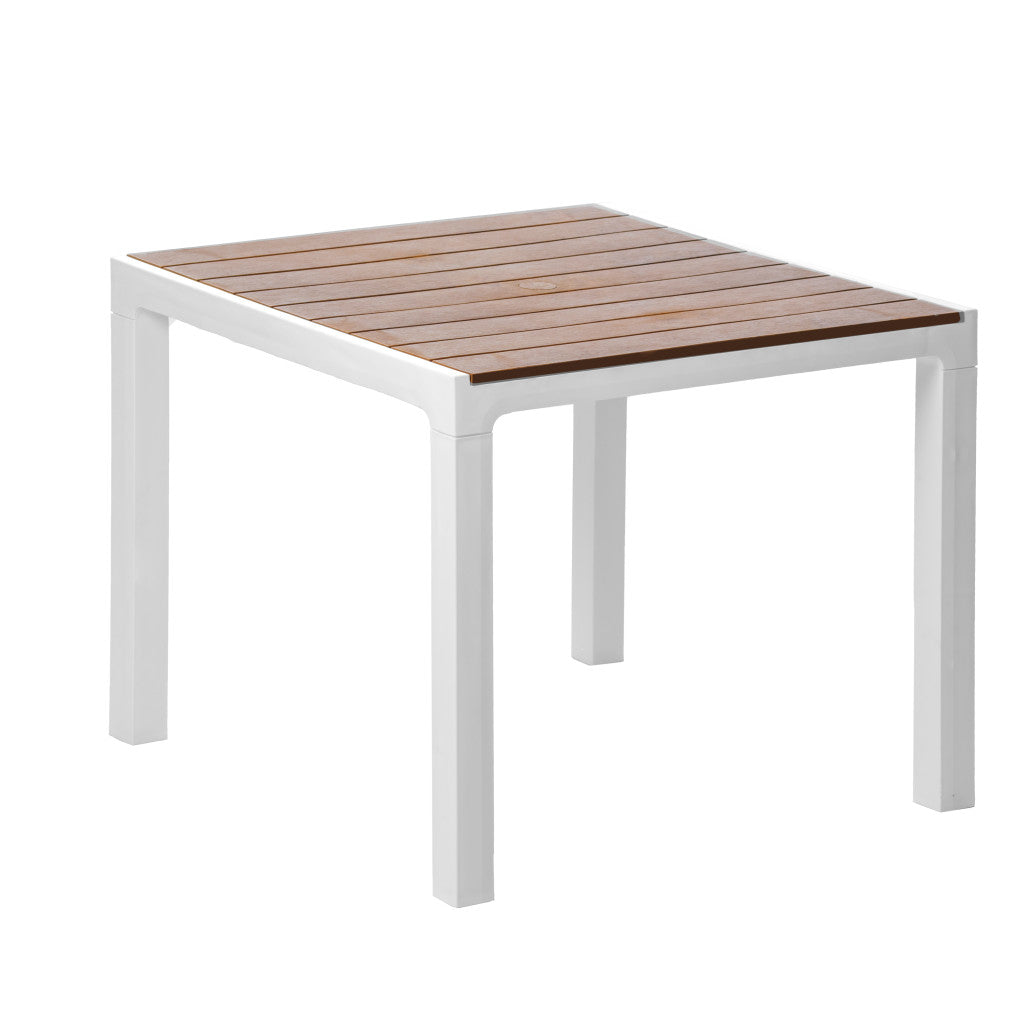35" White And Brown Heavy Duty Plastic Square Outdoor Table With Umbrella Hole