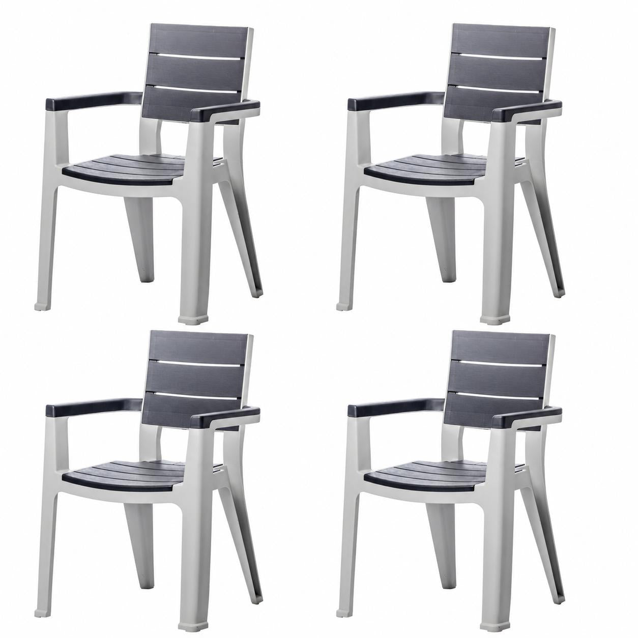 Set of Four Charcoal And Gray Faux Wood Heavy Duty Plastic Outdoor Stacking Arm Chairs