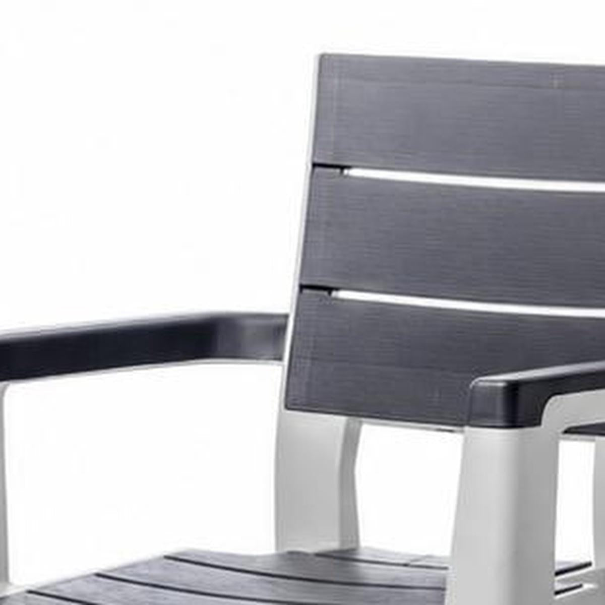 Set of Four Charcoal And Gray Faux Wood Heavy Duty Plastic Outdoor Stacking Arm Chairs