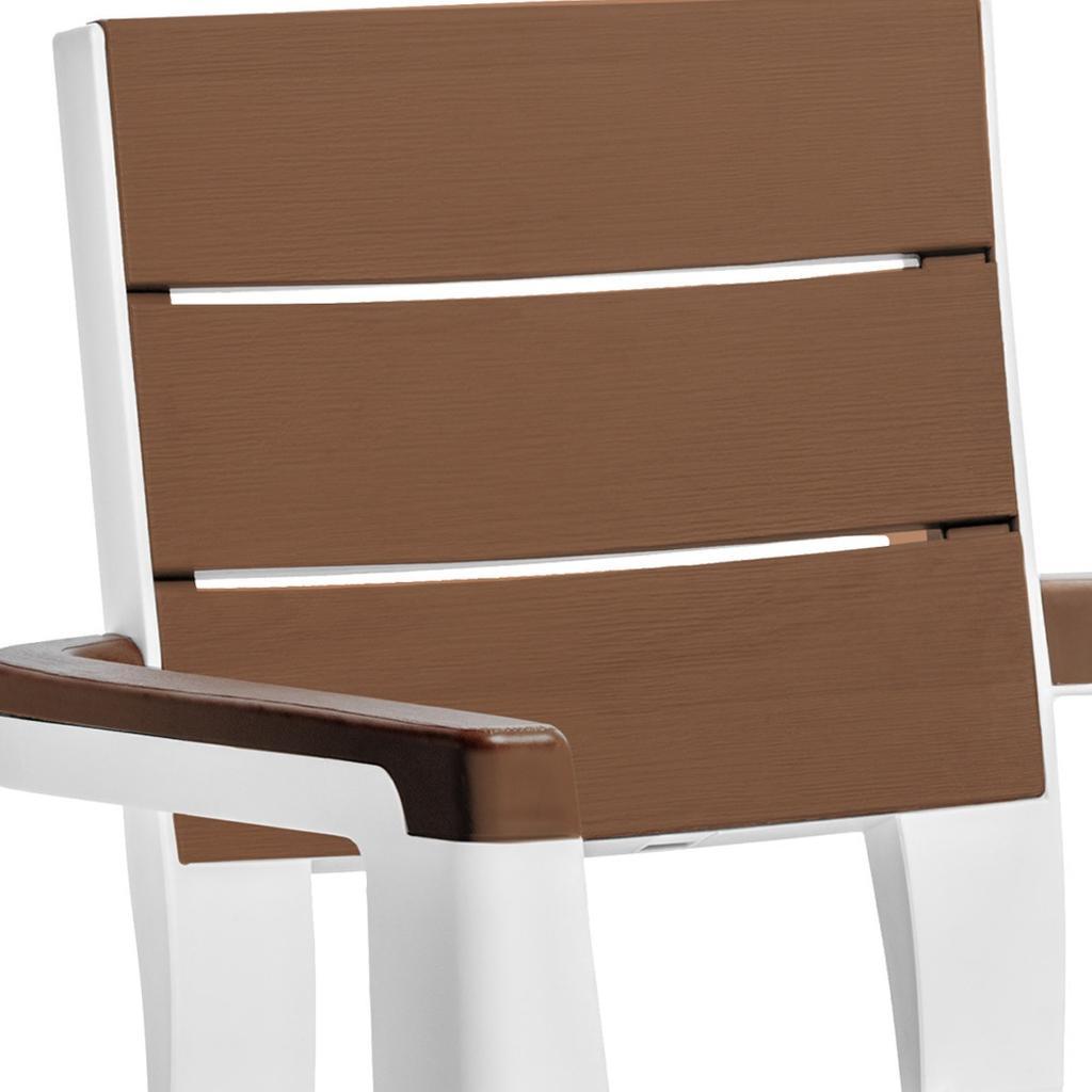 Set of Four Brown And White Faux Wood Heavy Duty Plastic Outdoor Stacking Arm Chairs