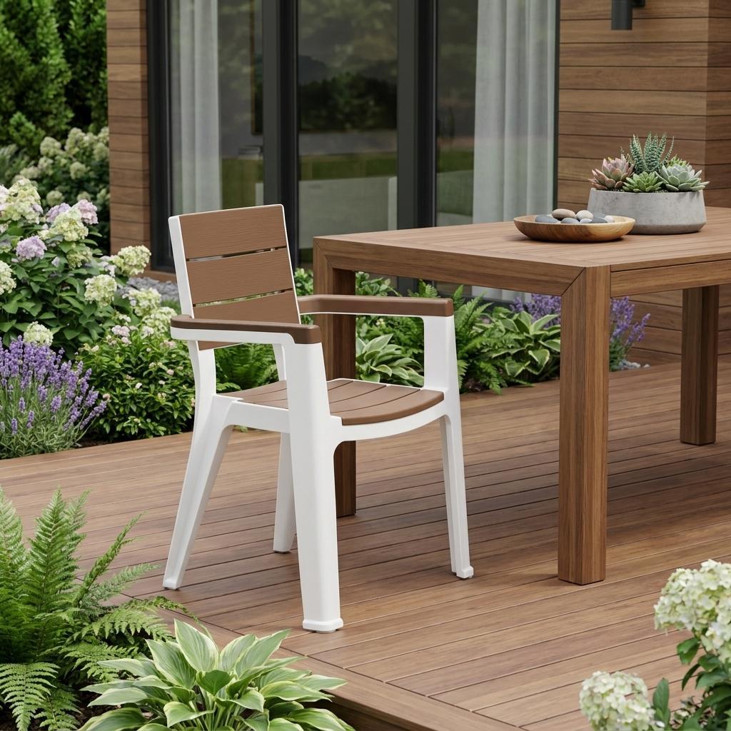 Set of Four Brown And White Faux Wood Heavy Duty Plastic Outdoor Stacking Arm Chairs