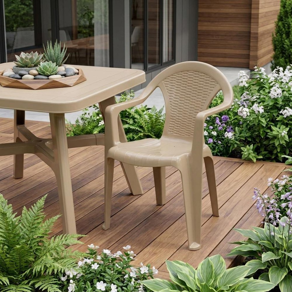 Set of Four Taupe Textured Heavy Duty Plastic Outdoor Stacking Arm Chairs