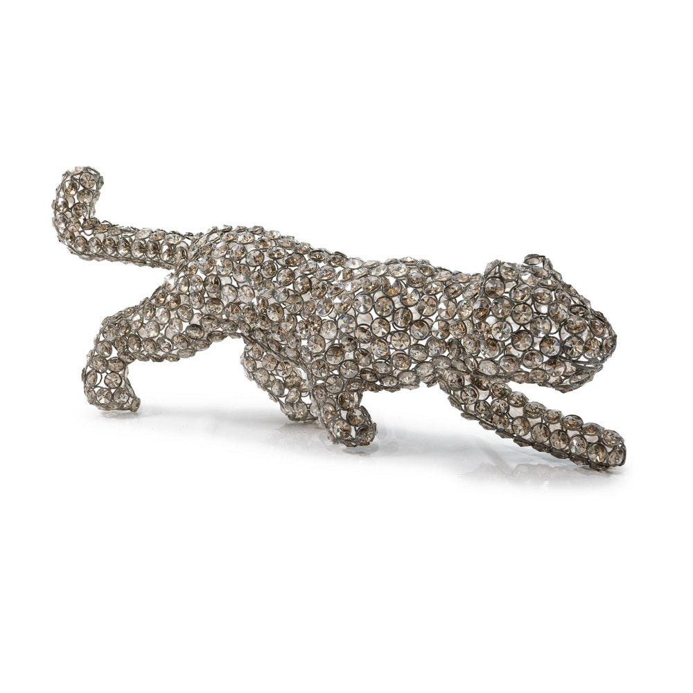 23" Silver And Clear Iron And Faux Crystal Panther Tabletop Sculpture