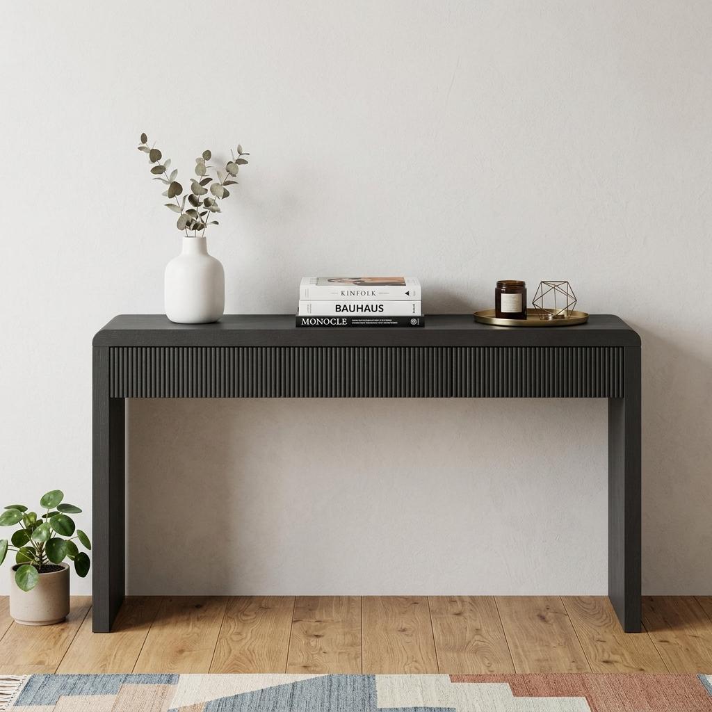 55" Black Wood Double Pedestal Console Table With Three Drawers
