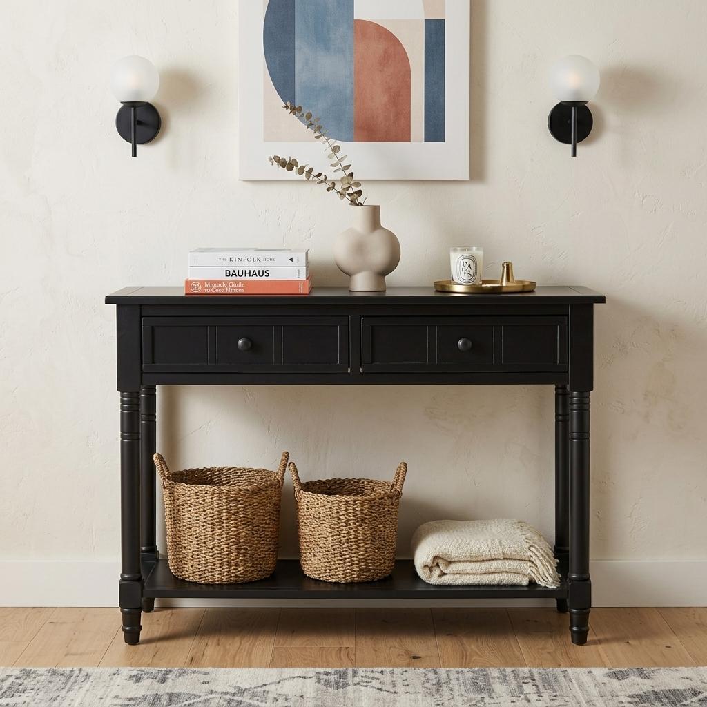 36" Black Solid Wood Console Table With Shelf And Two Drawers