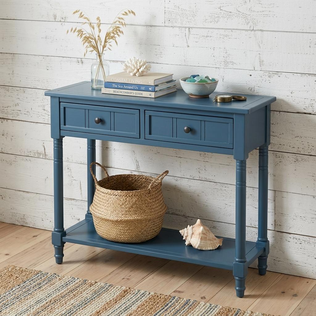 36" Blue Solid Wood Console Table With Shelf And Two Drawers