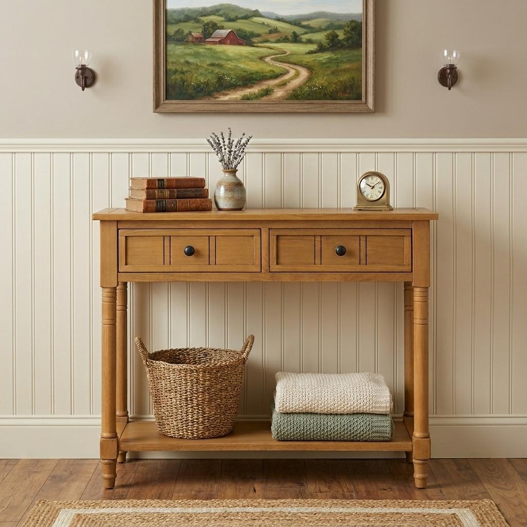 36" Natural Solid Wood Console Table With Shelf And Two Drawers