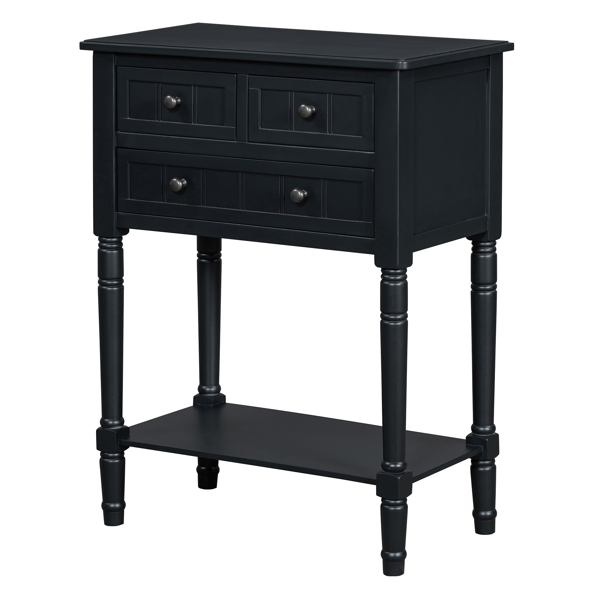 24" Black Solid Wood Console Table With Shelf And Three Drawers