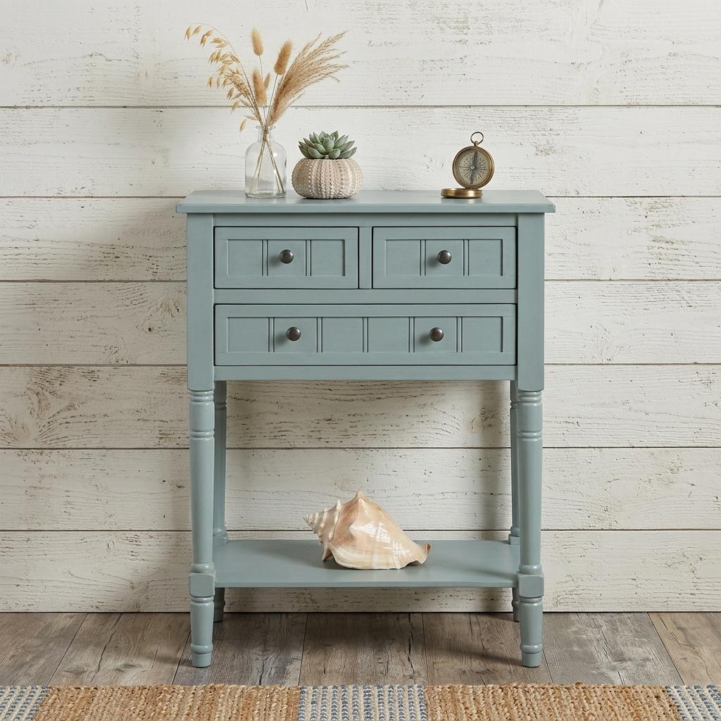 24" Light Blue Solid Wood Distressed Console Table With Shelf And Three Drawers