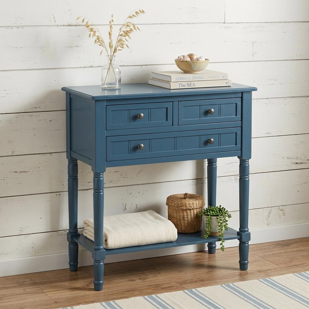 24" Blue Solid Wood Distressed Console Table With Shelf And Three Drawers