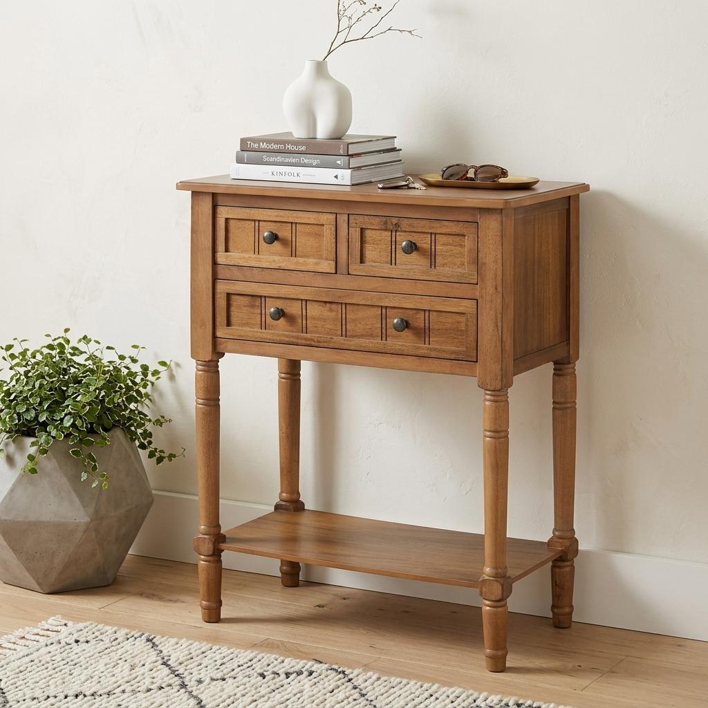 24" Natural Solid Wood Distressed Console Table With Shelf And Three Drawers