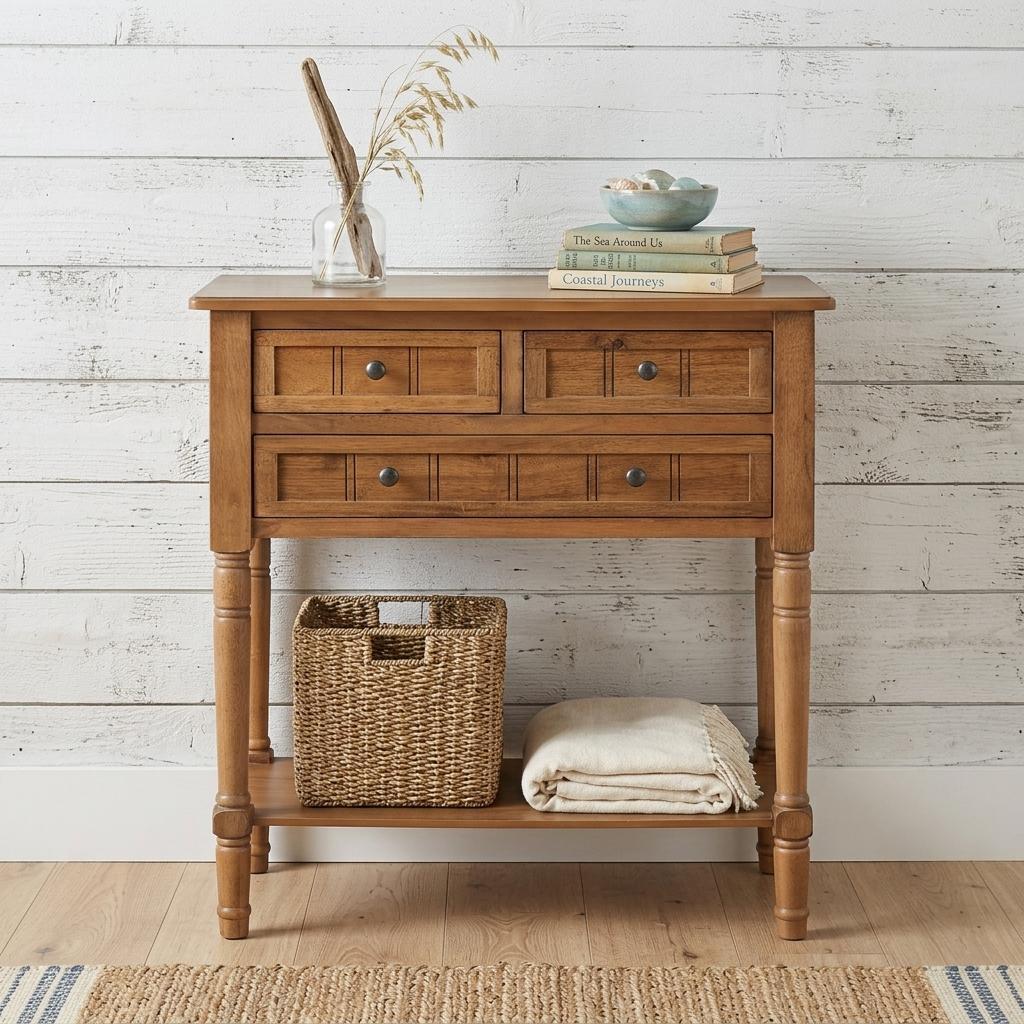 24" Natural Solid Wood Distressed Console Table With Shelf And Three Drawers