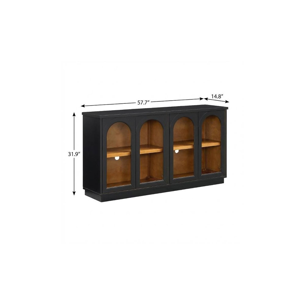 58" Black Wood Buffet Table With Four Glass Doors