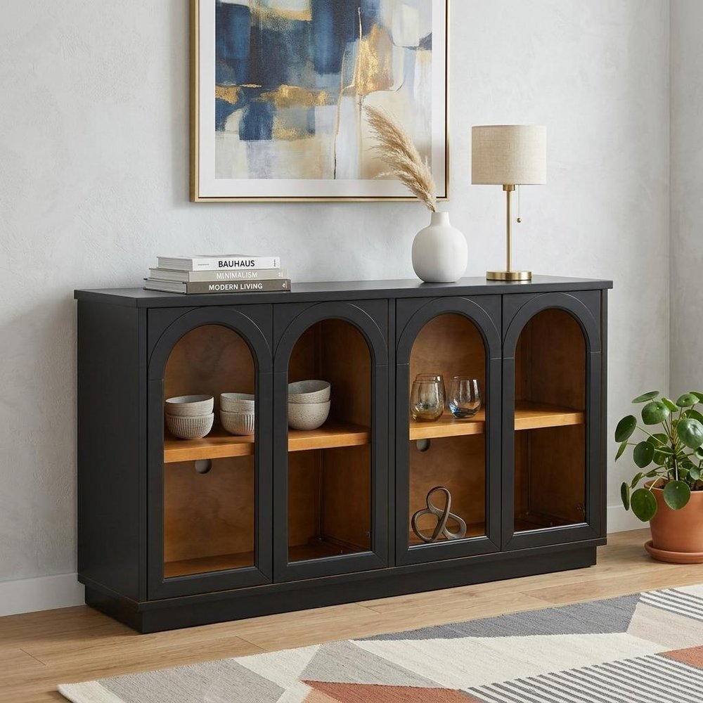 58" Black Wood Buffet Table With Four Glass Doors
