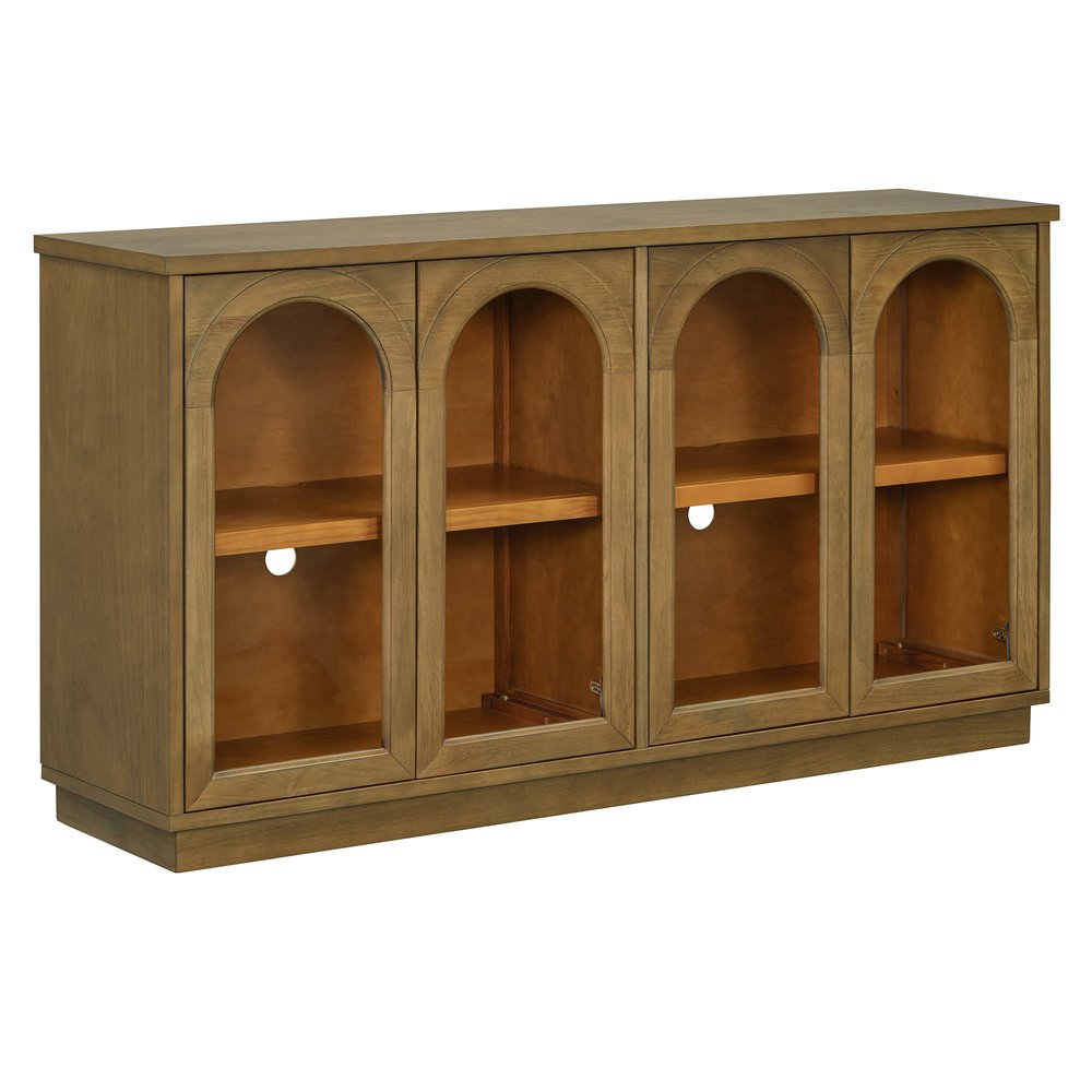 58" Pine Green Wood Buffet Table With Four Glass Doors