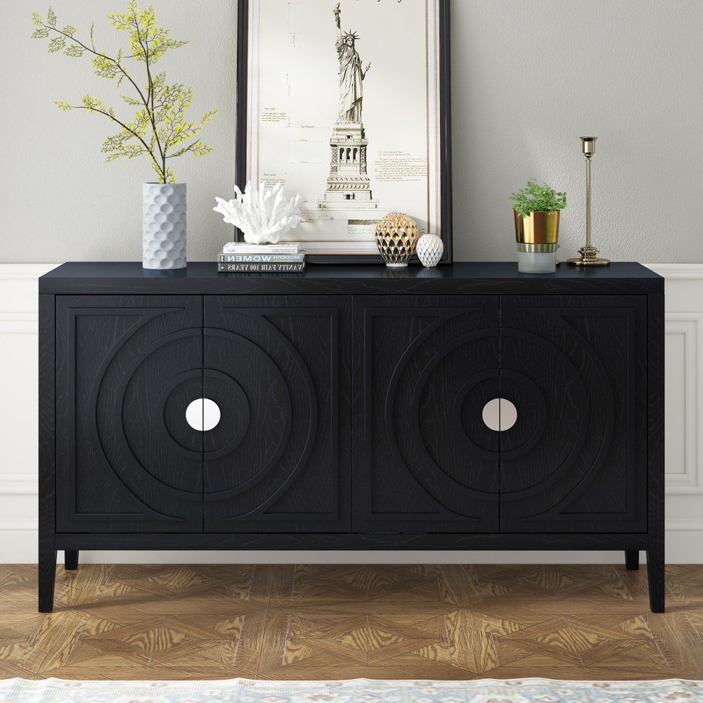 60" Black Wood Buffet Table With Four Doors