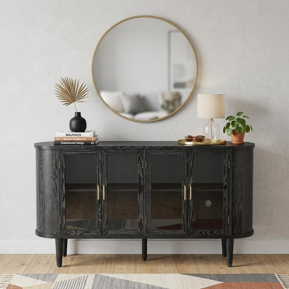 60" Black Wood Buffet Table With Four Glass Doors
