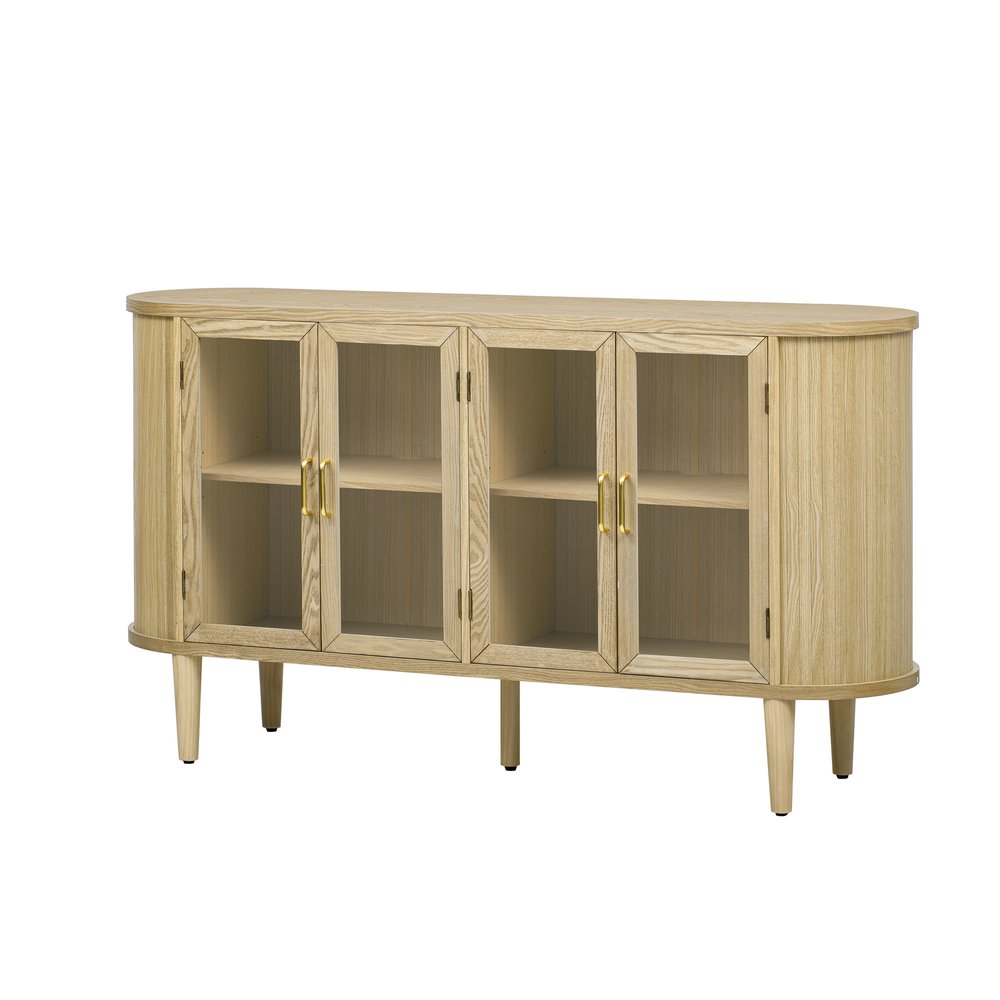 60" Natural Wood Buffet Table With Four Glass Doors