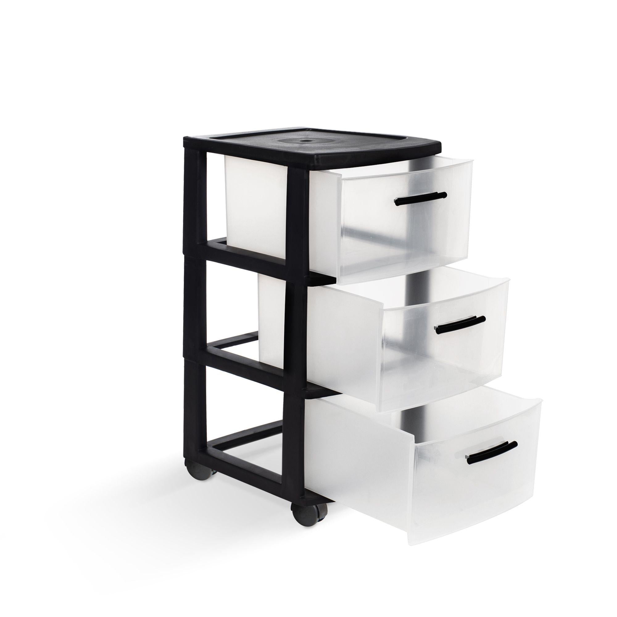 13" Black And Clear Heavy Duty Plastic Three Drawer Rolling Storage Cabinet