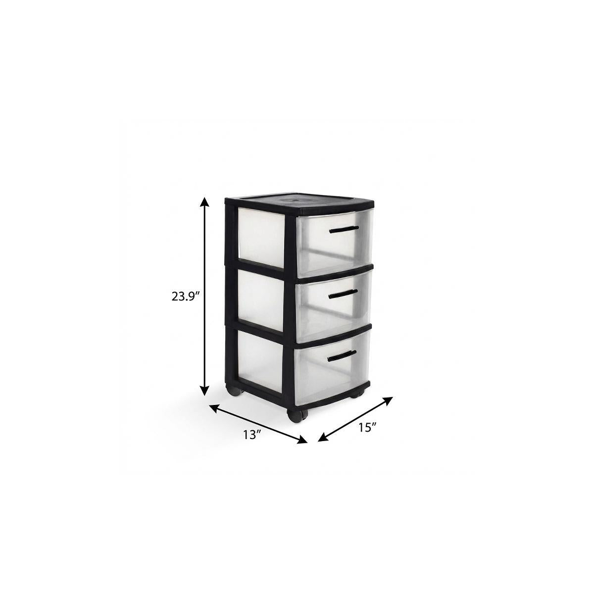 13" Black And Clear Heavy Duty Plastic Three Drawer Rolling Storage Cabinet