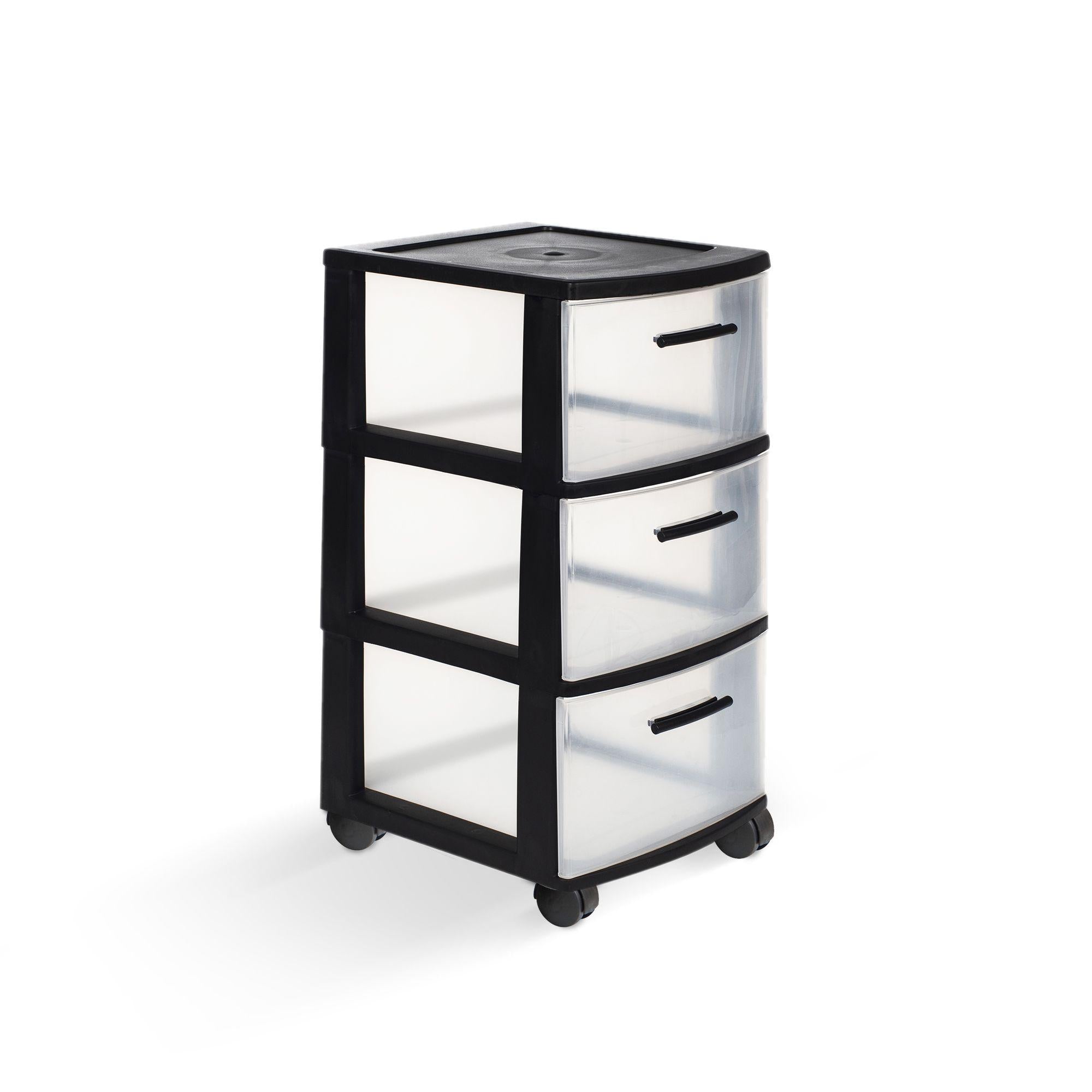 13" Black And Clear Heavy Duty Plastic Three Drawer Rolling Storage Cabinet