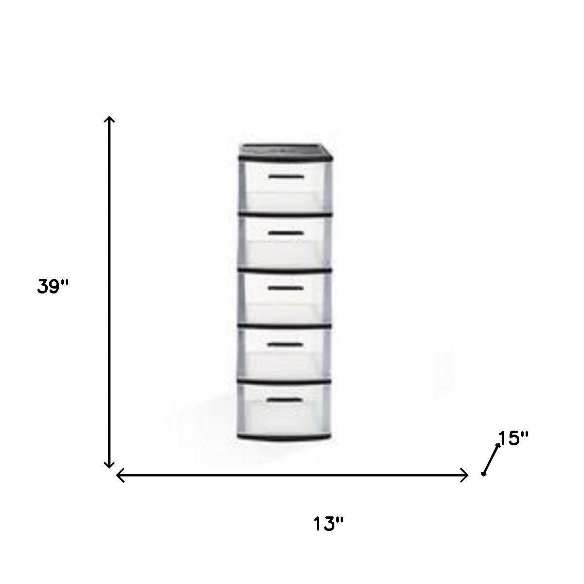 13" Black And Clear Heavy Duty Plastic Five Drawer Storage Cabinet